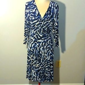 Chico's Travelers Blue and White Print Dress Faux Wrap 3/4 Sleeves